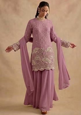 Pink Embroidered Crepe Sharara Set