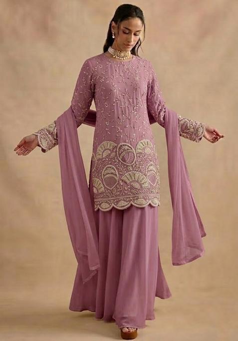 Pink Embroidered Crepe Sharara Set