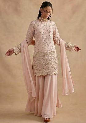 Soft Pink Embroidered Crepe Sharara Set