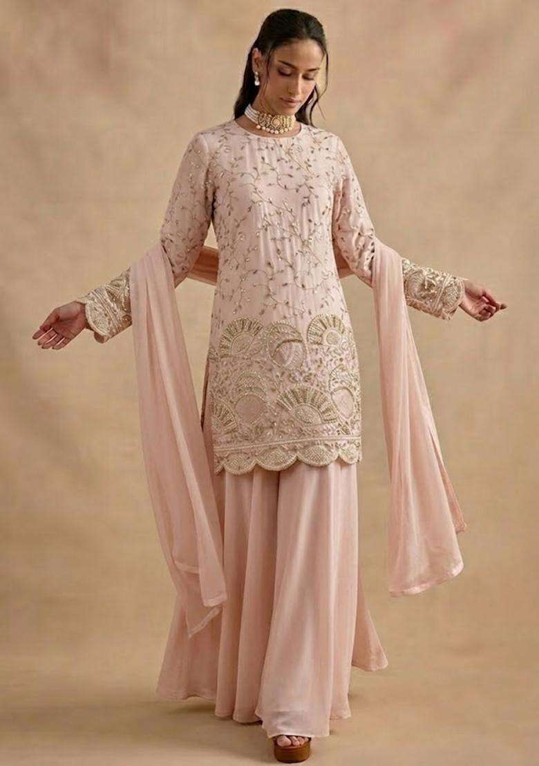 Soft Pink Embroidered Crepe Sharara Set - Indya