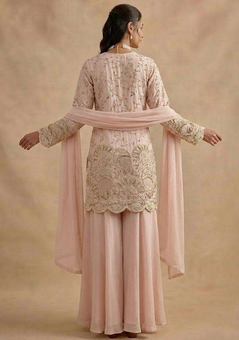 Soft Pink Embroidered Crepe Sharara Set - Indya