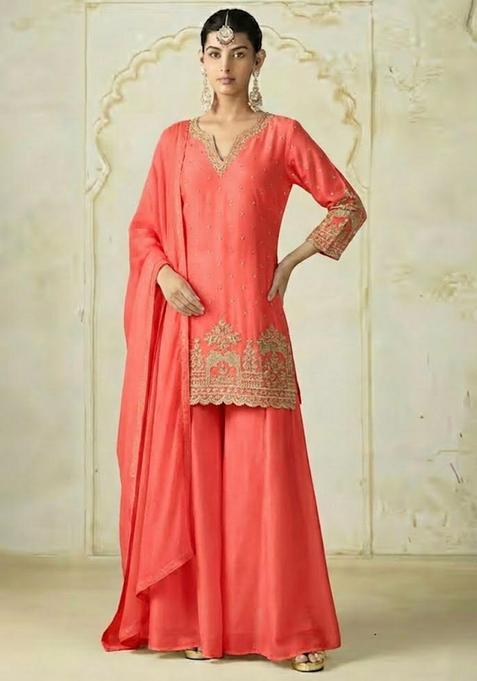 Coral Red Chinon Sharara Set