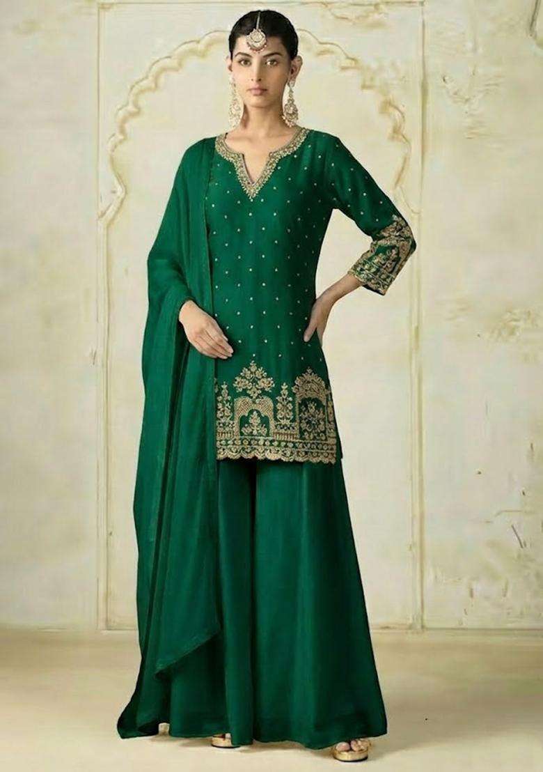 Green Chinon Sharara Set - Indya