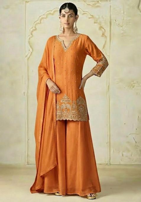 Orange Chinon Sharara Set