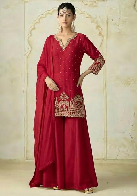Red Chinon Sharara Set