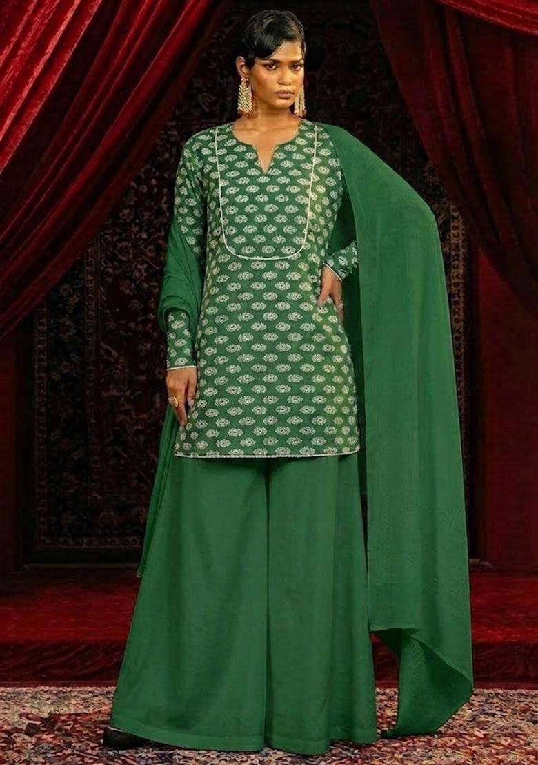 Bottle Green Printed Satin Sharara Set - Indya