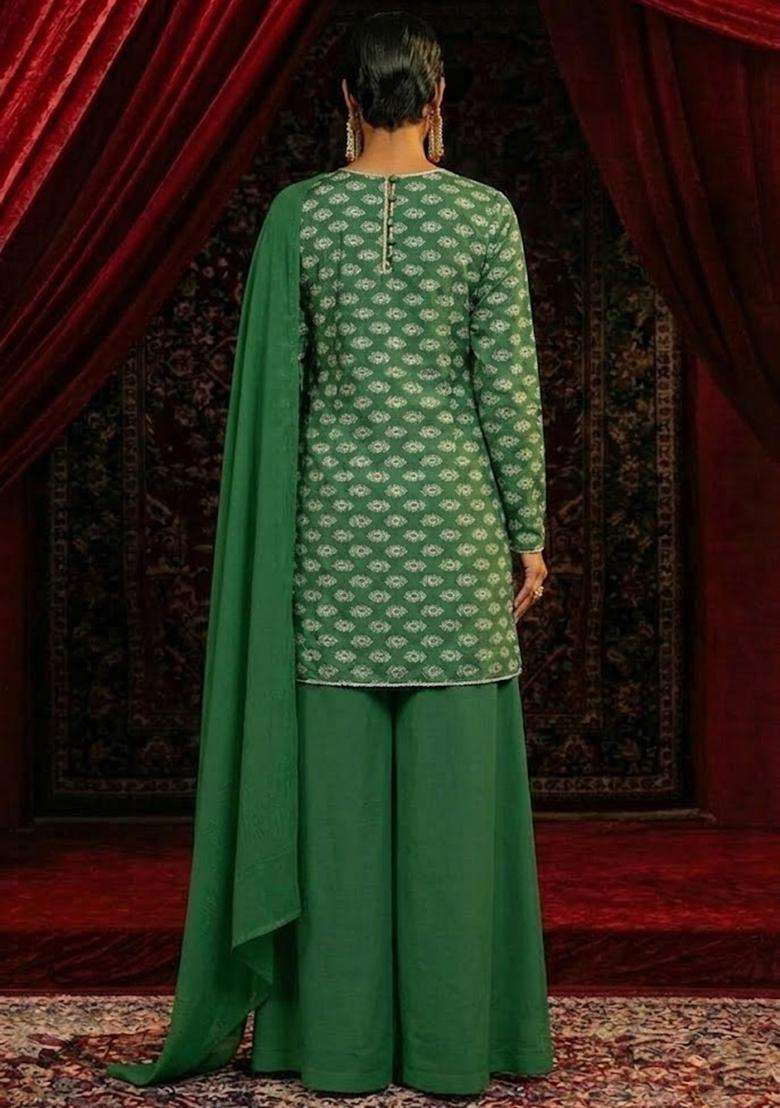 Bottle Green Printed Satin Sharara Set - Indya