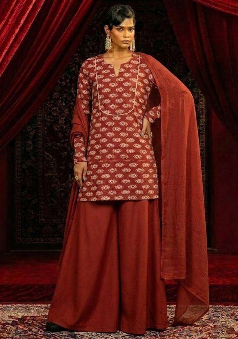 Orange Printed Satin Sharara Set - Indya