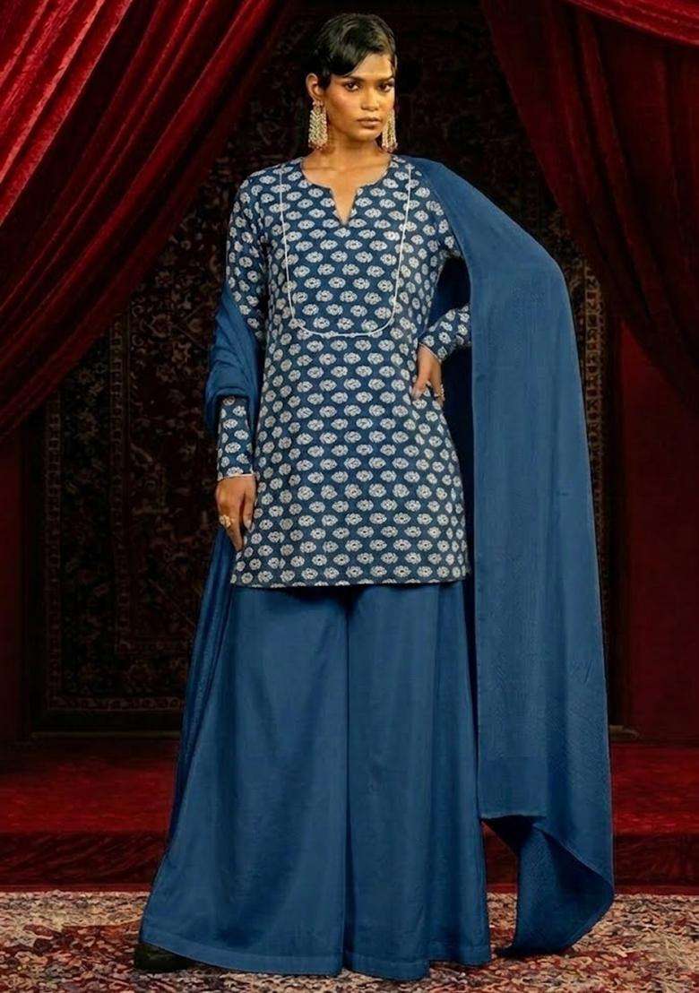 Blue Printed Satin Sharara Set - Indya