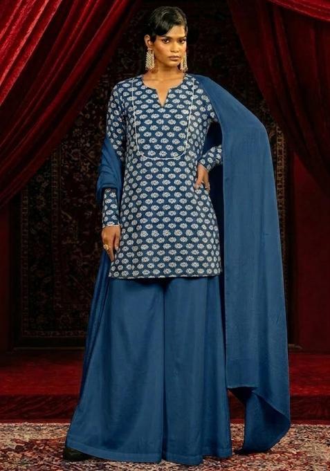Blue Printed Satin Sharara Set