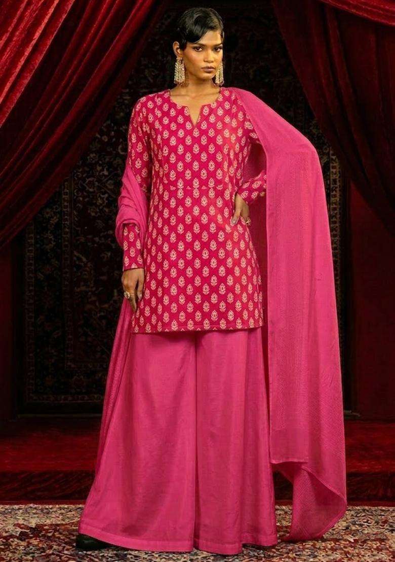 Pink Printed Satin Sharara Set - Indya