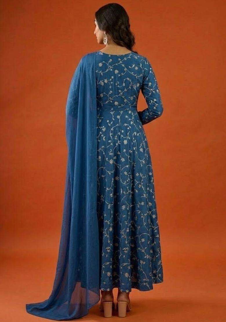 Steel Blue Tissue Anarkali With Dupatta - Indya