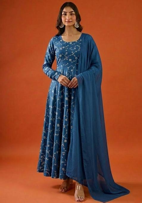 Steel Blue Tissue Anarkali With Dupatta