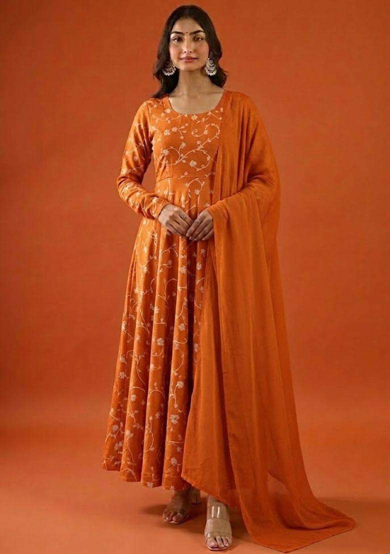 Orange Tissue Anarkali With Dupatta - Indya