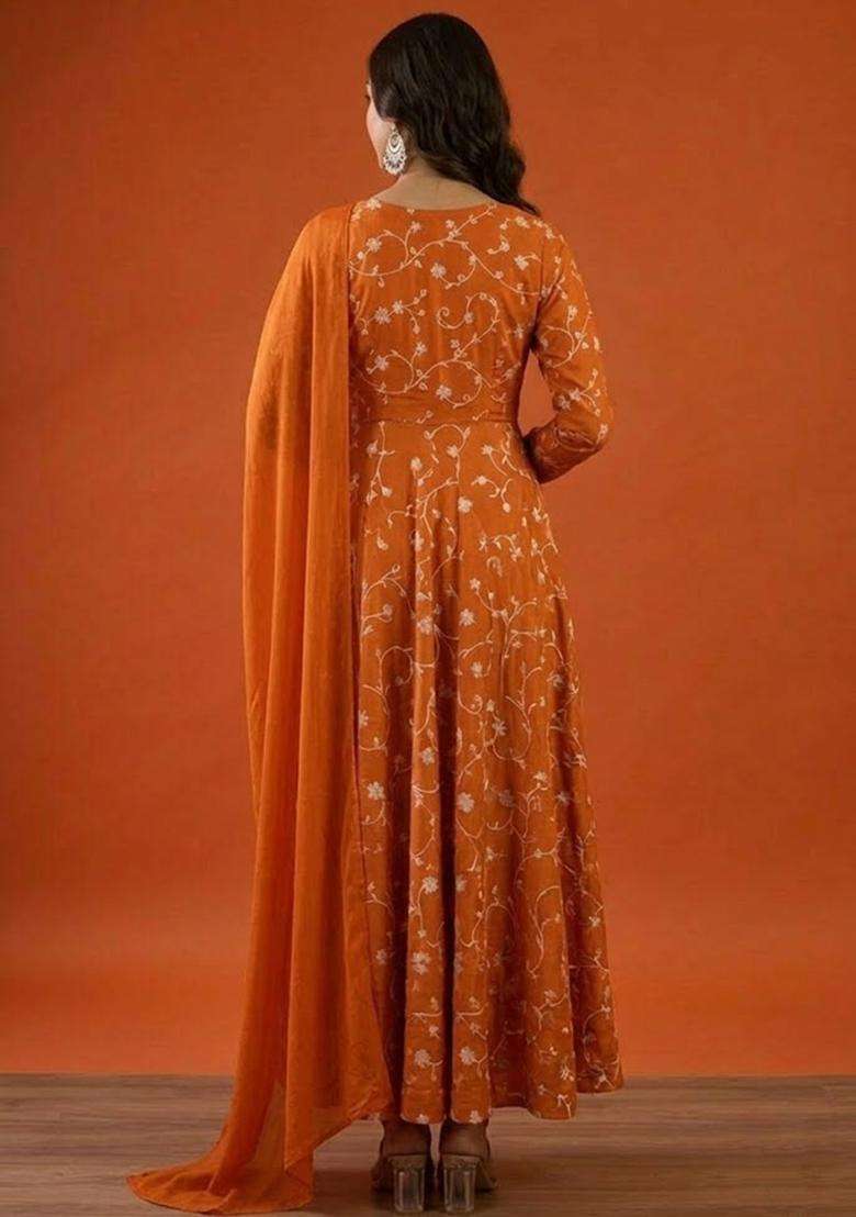 Orange Tissue Anarkali With Dupatta - Indya