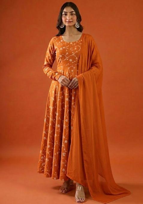 Orange Tissue Anarkali With Dupatta