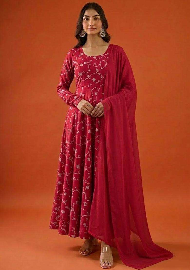 Red Tissue Anarkali With Dupatta - Indya