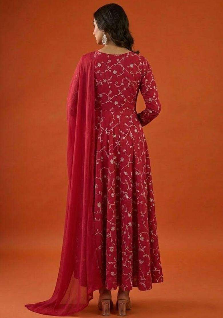 Red Tissue Anarkali With Dupatta - Indya