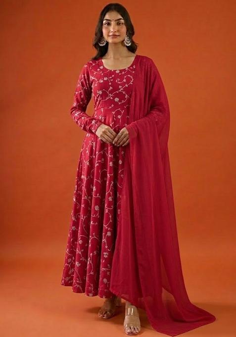 Red Tissue Anarkali With Dupatta