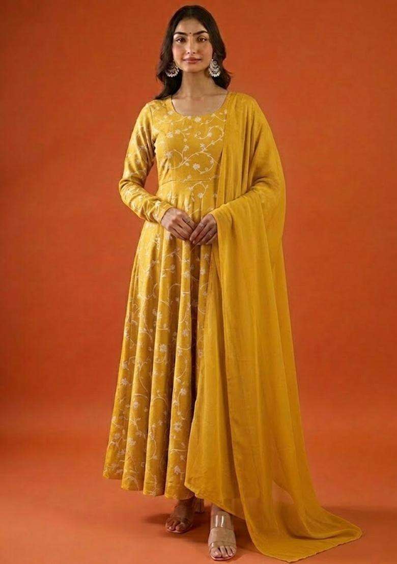 Yellow Tissue Anarkali With Dupatta - Indya