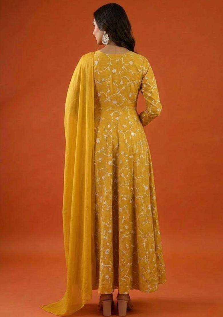 Yellow Tissue Anarkali With Dupatta - Indya