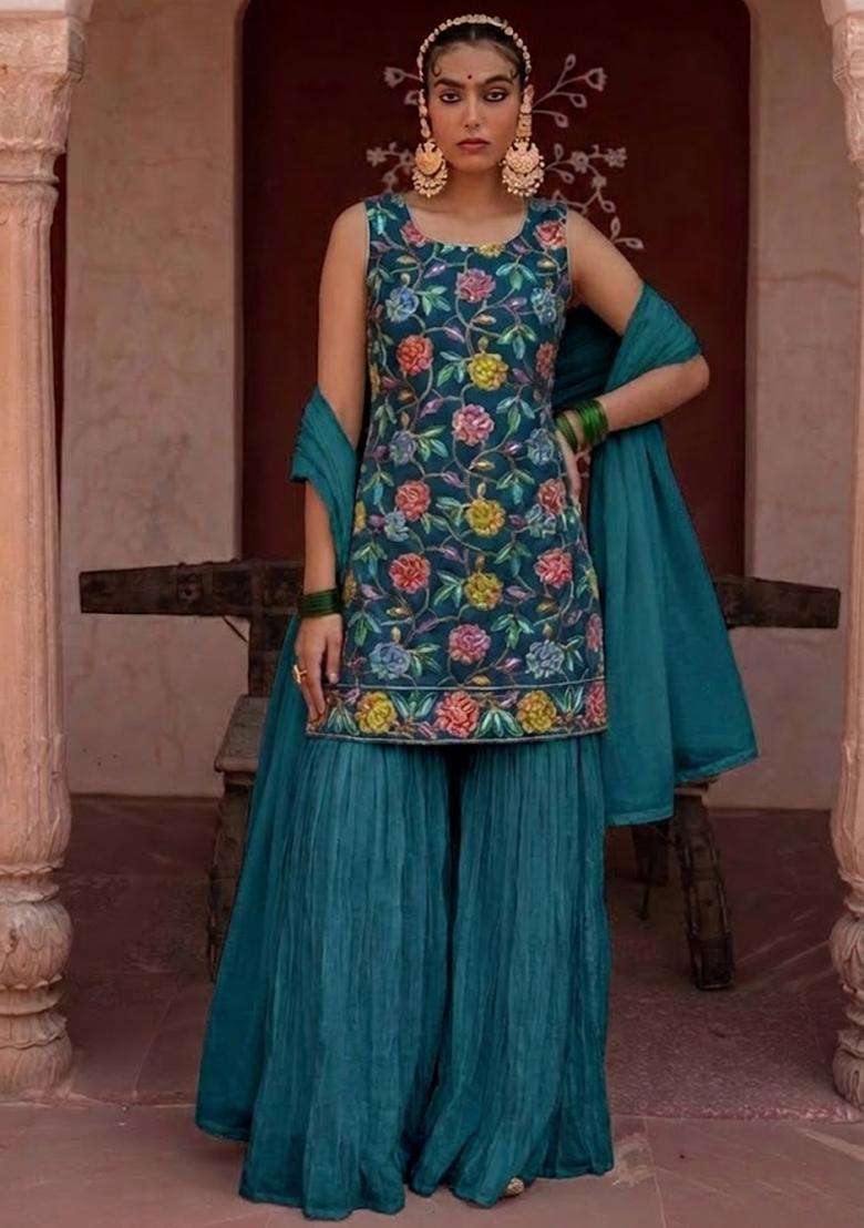 Teal Printed Crepe Sharara Set - Indya