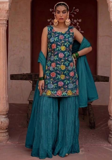 Teal Printed Crepe Sharara Set
