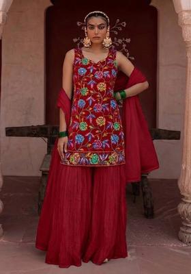 Red Sequin Crepe Sharara Set