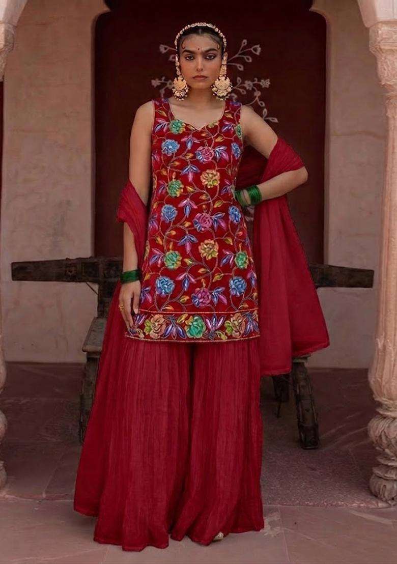 Red Sequin Crepe Sharara Set - Indya