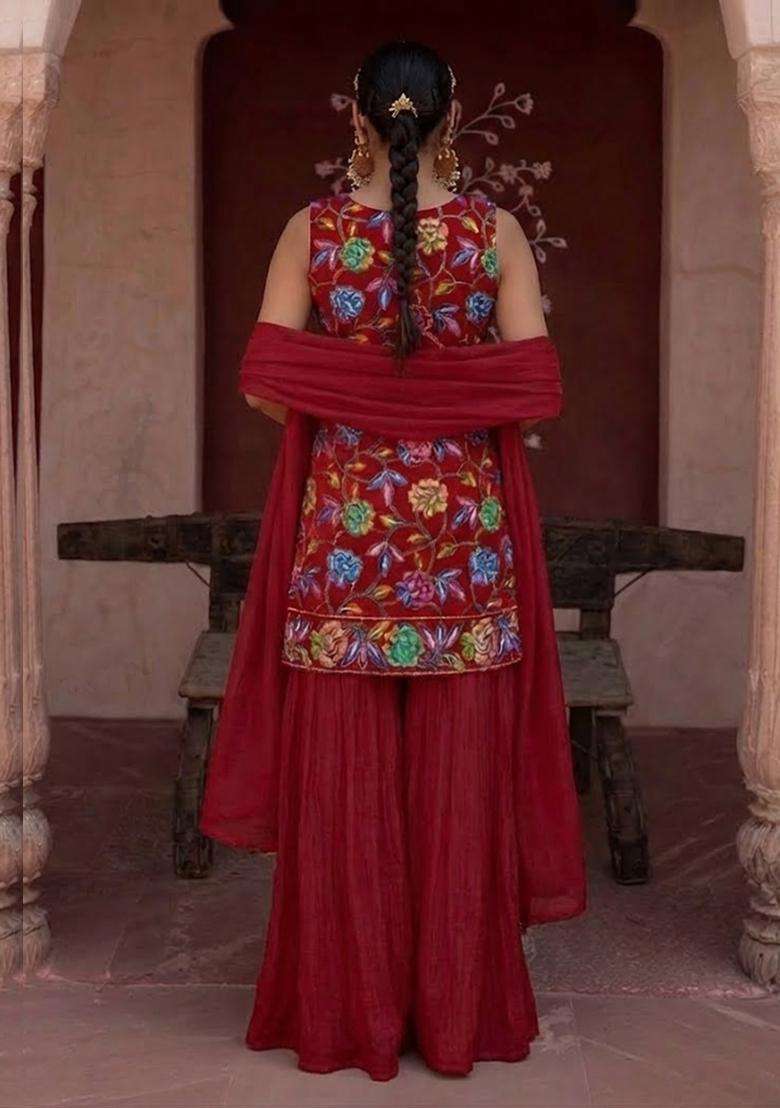 Red Sequin Crepe Sharara Set - Indya