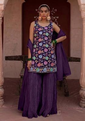 Wine Sequin Crepe Sharara Set