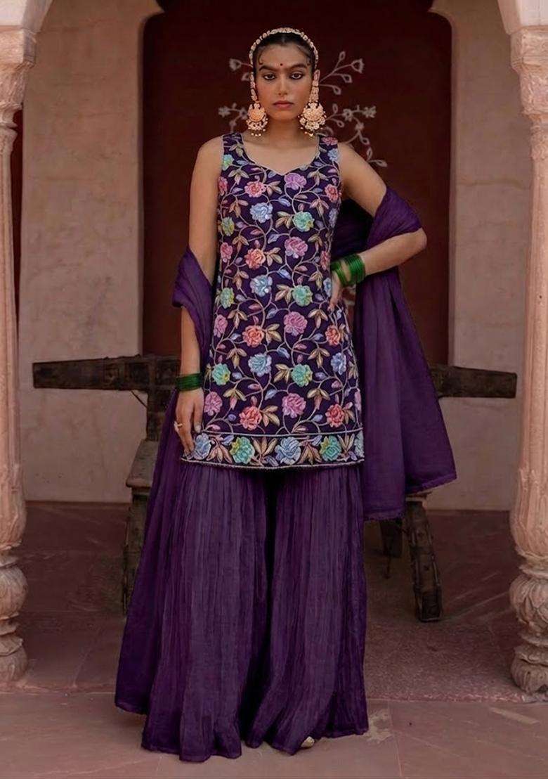 Wine Sequin Crepe Sharara Set - Indya