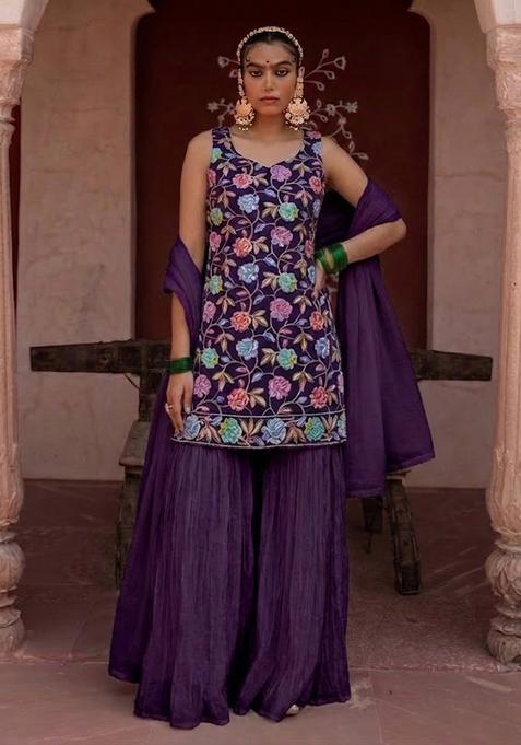 Wine Sequin Crepe Sharara Set