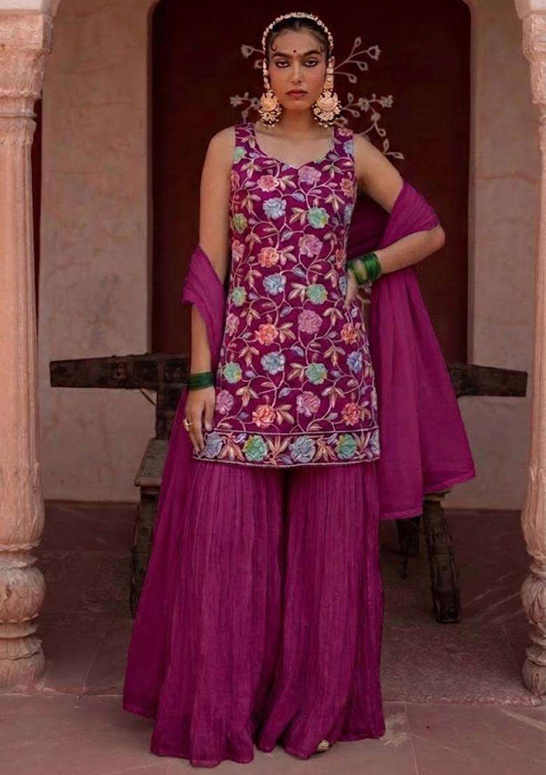 Purple Sequin Crepe Sharara Set - Indya