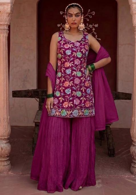 Purple Sequin Crepe Sharara Set