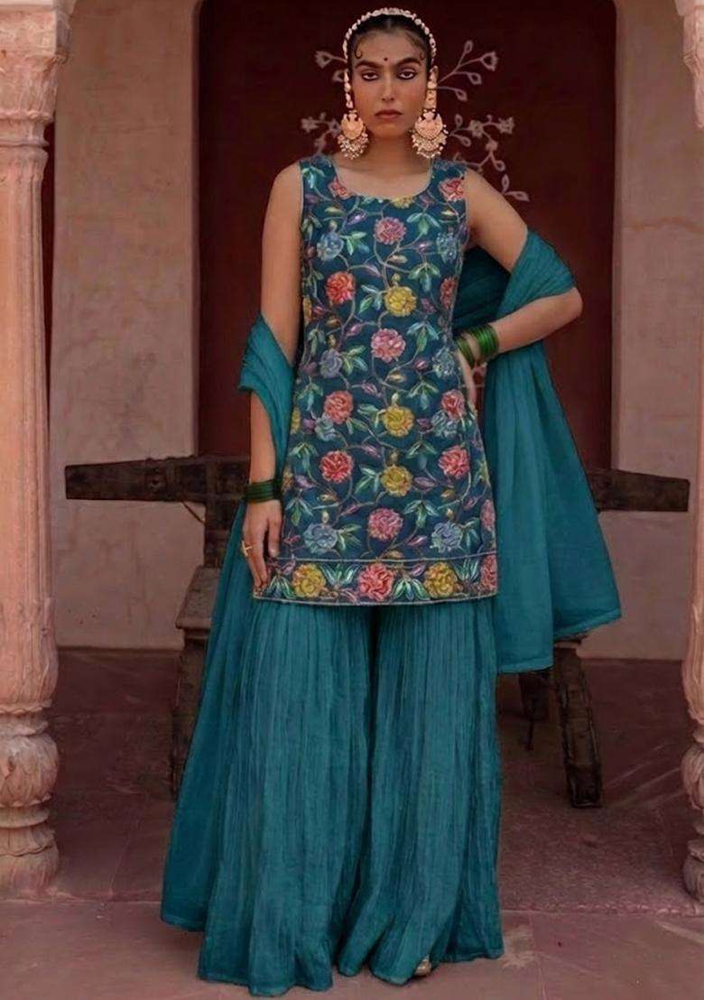 Blue Sequin Crepe Sharara Set - Indya