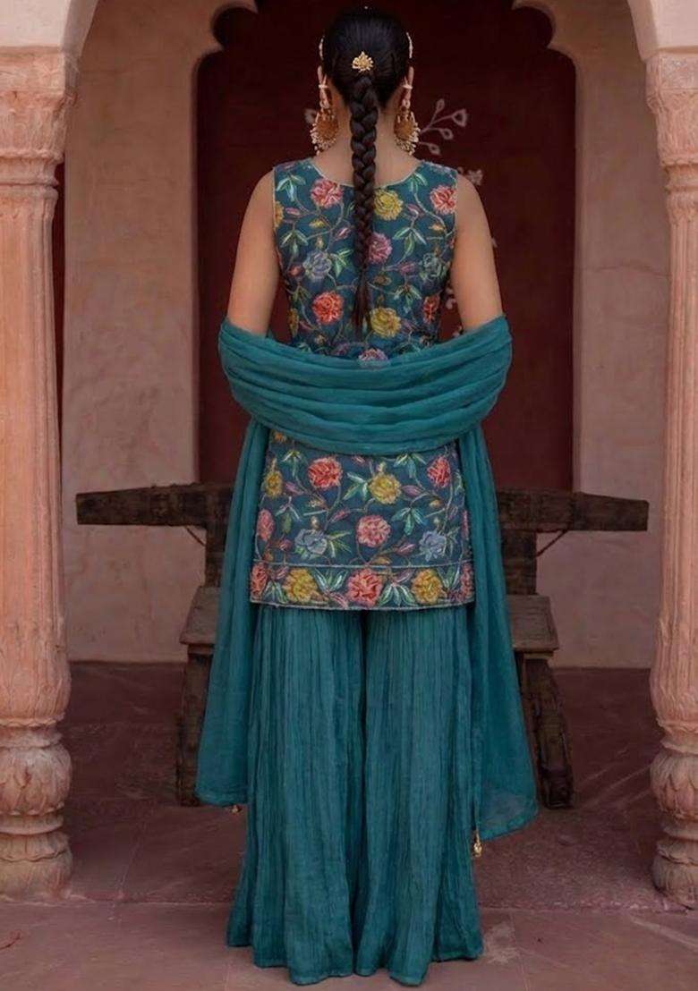 Blue Sequin Crepe Sharara Set - Indya