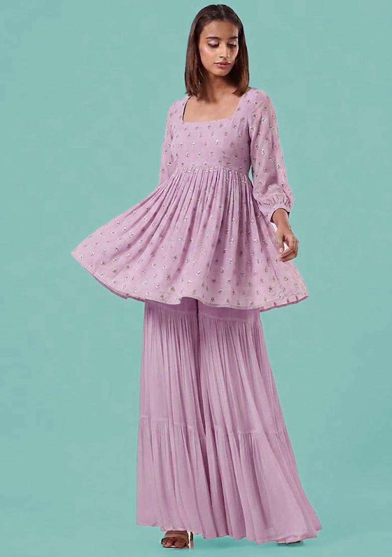 Lavender Printed Silk Sharara Set - Indya