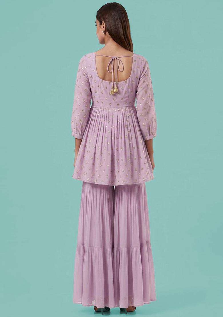Lavender Printed Silk Sharara Set - Indya