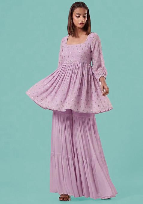 Lavender Printed Silk Sharara Set