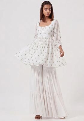White Printed Silk Sharara Set