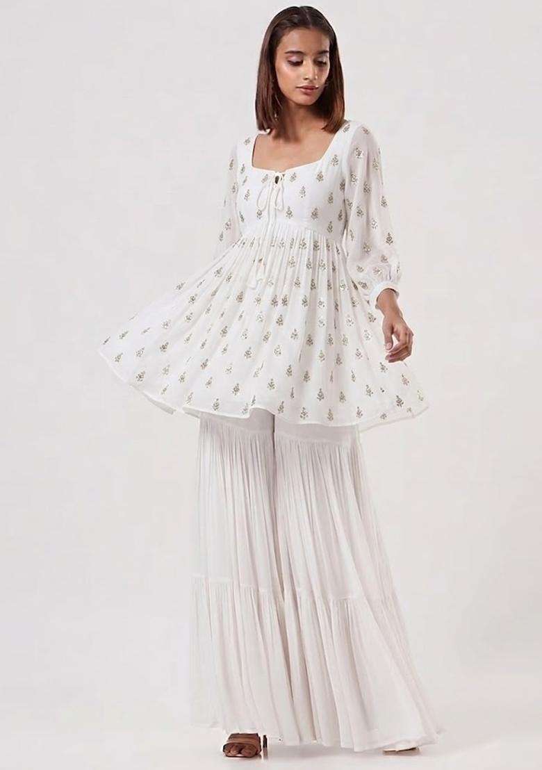 White Printed Silk Sharara Set - Indya