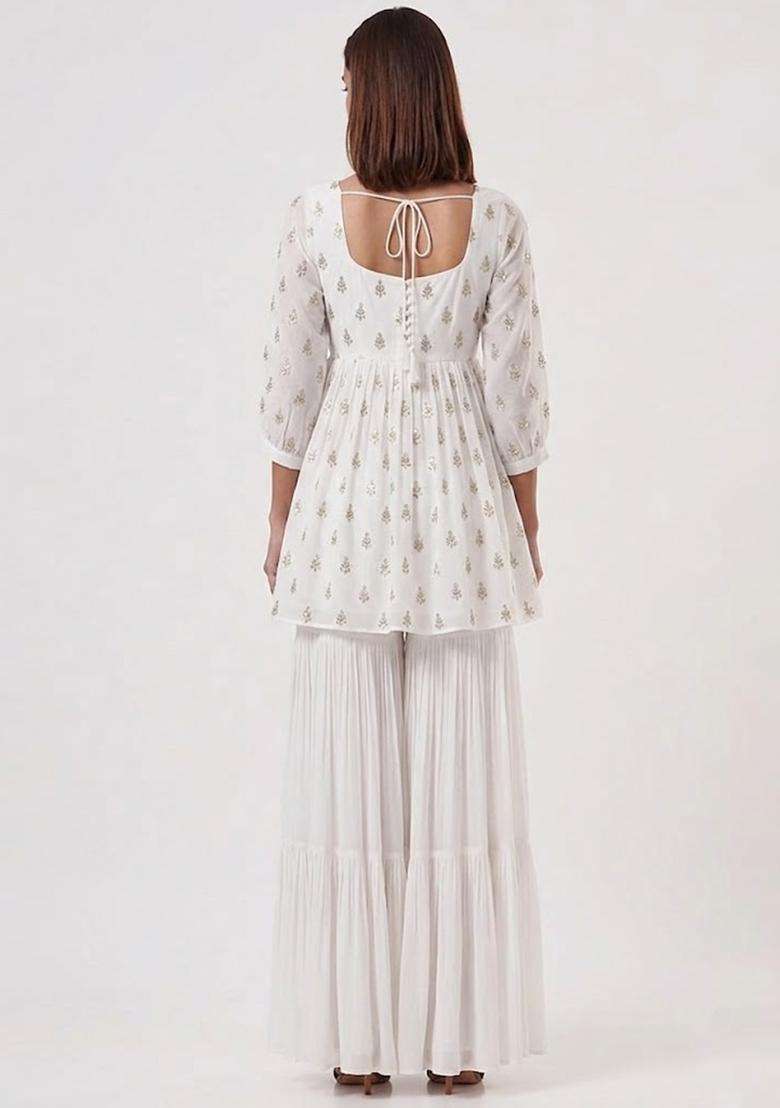 White Printed Silk Sharara Set - Indya