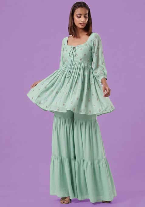 Lavender Printed Silk Sharara Set