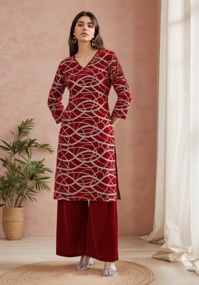 Red Embroidered Georgette Kurta Set
