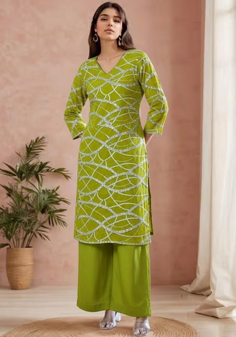 Parrot Green Embroidered Georgette Kurta Set