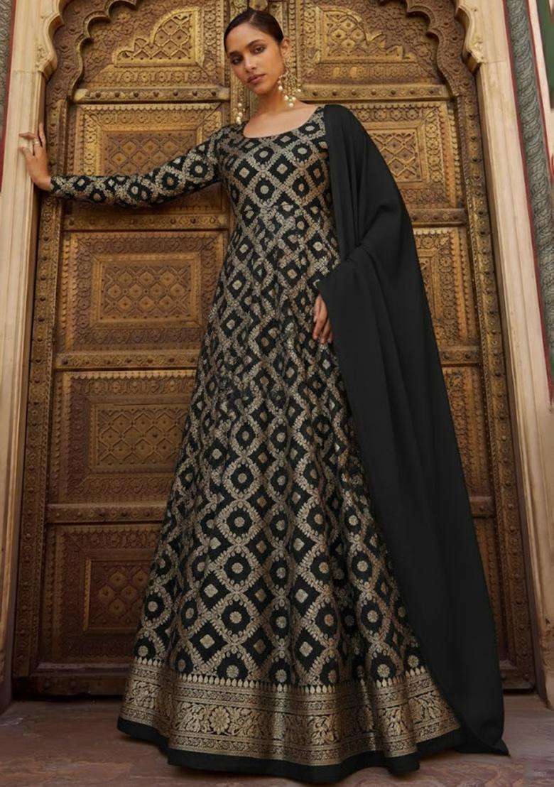 Black Silk Anarkali With Dupatta - Indya
