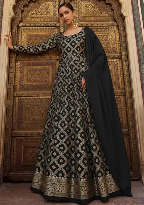 Black Silk Anarkali With Dupatta