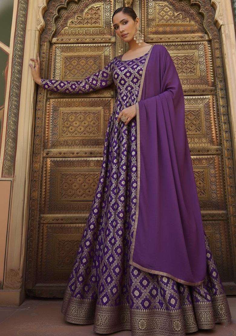 Purple Silk Anarkali With Dupatta - Indya