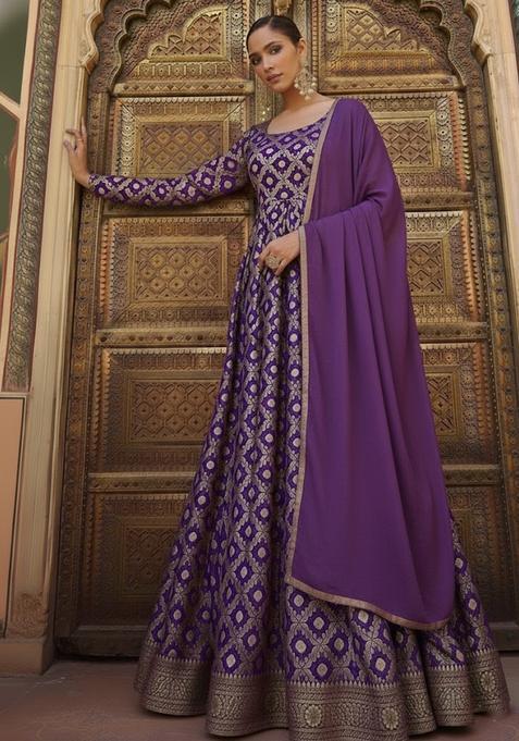 Purple Silk Anarkali With Dupatta